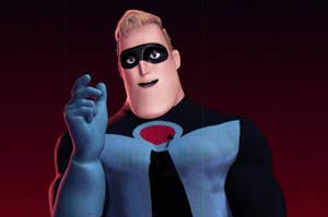 Mr. Incredible from "The Incredibles" wearing his superhero suit with a black mask and a confident expression