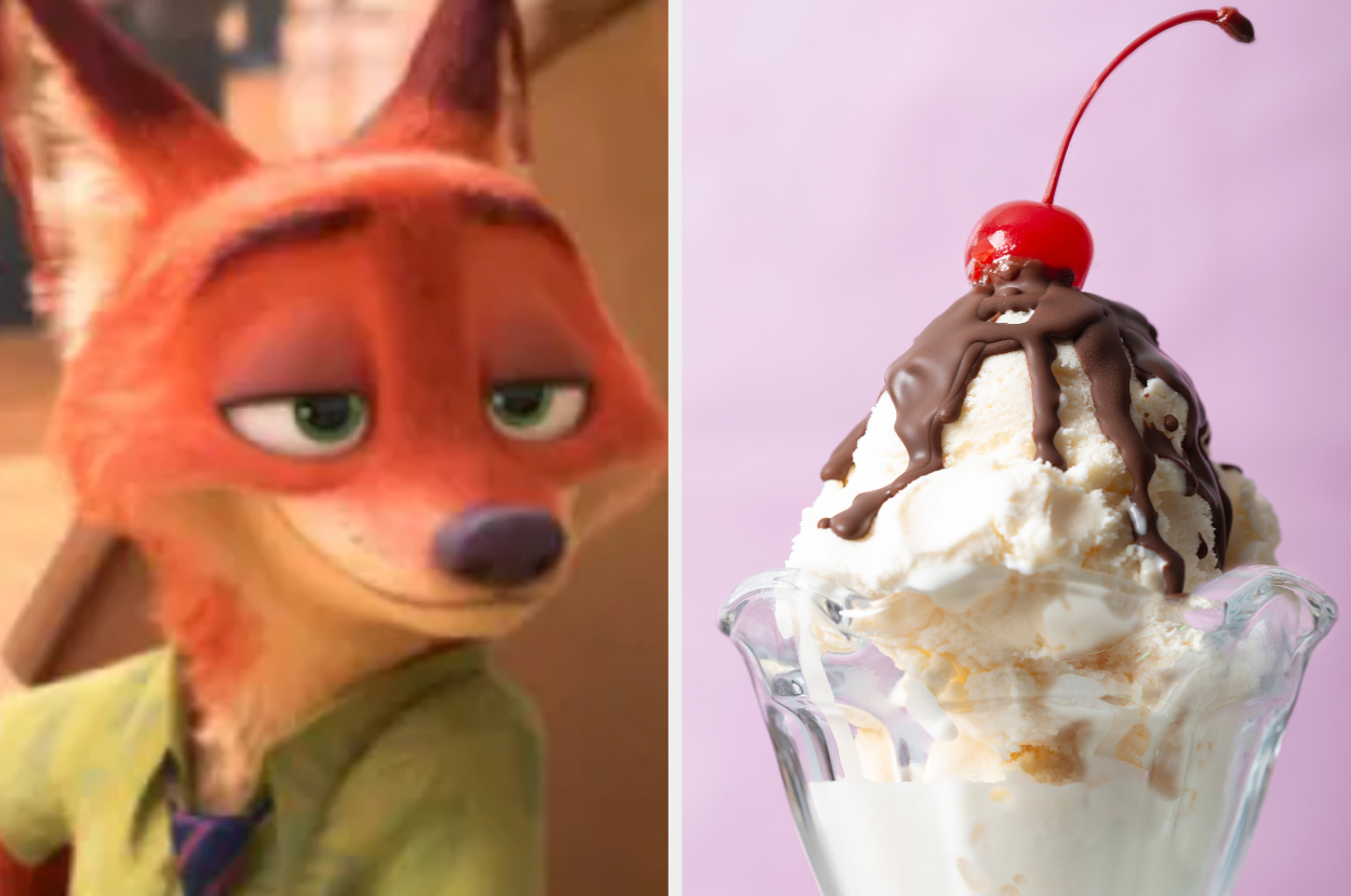 Nick Wilde from Zootopia next to an ice cream sundae with chocolate syrup and a cherry on top