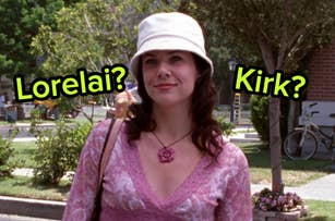 A woman outdoors in a light hat and lace top with "Lorelai?" and "Kirk?" written beside her