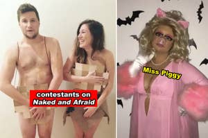 Two people in makeshift outfits labeled "contestants on Naked and Afraid"; a person dressed as Miss Piggy in a pink gown with a fur trim