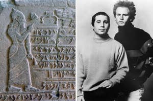 Left: Ancient relief with cuneiform script. Right: Two people in turtleneck sweaters posing closely