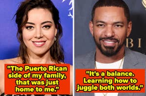 A split image of two celebrities: a woman with a quote about family and a man with a quote about balancing two worlds