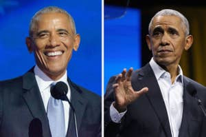 A person in two images, smiling in one and speaking in another, wearing suits and ties, on stage at a formal event