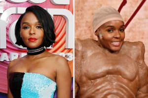 Two side-by-side images of Janelle Monáe. Left: Glamorous strapless dress. Right: Playfully wearing a muscular costume with a latex bald cap