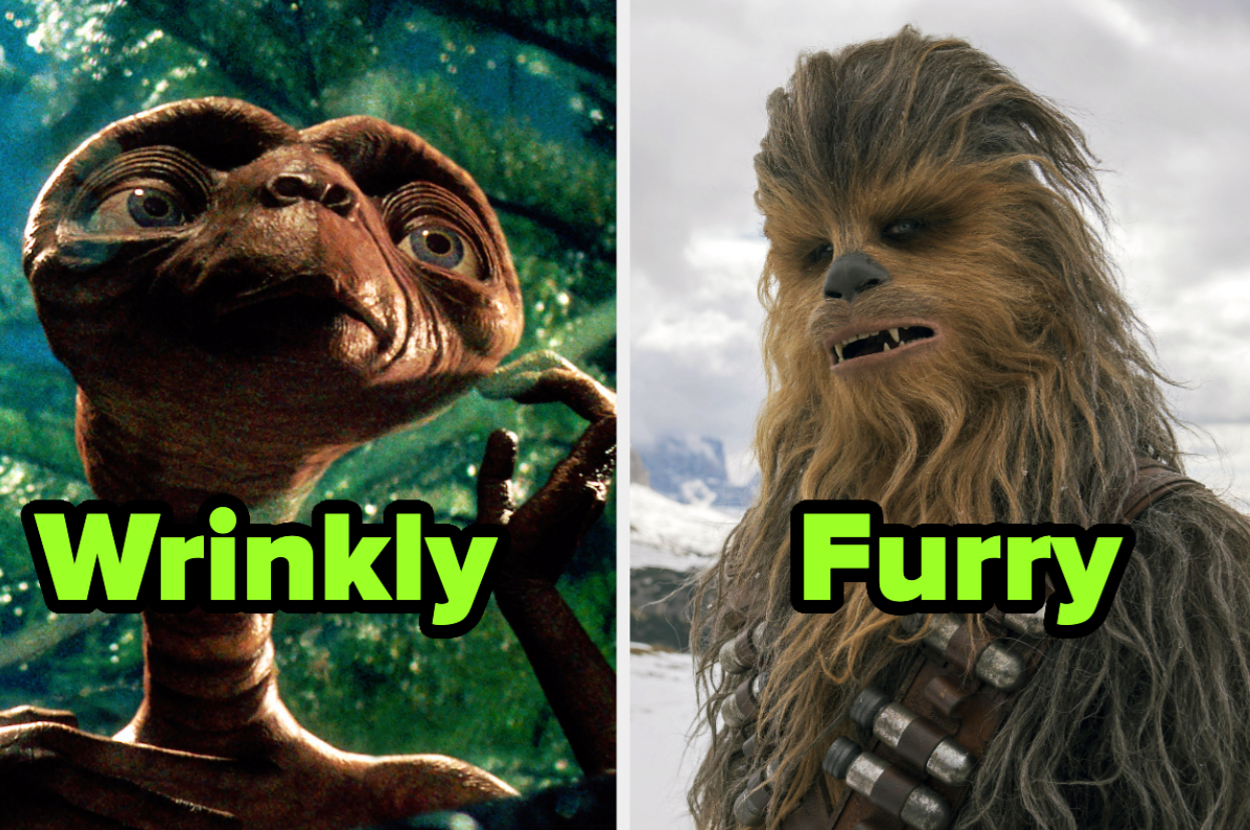 E.T. from "E.T. the Extra-Terrestrial" and Chewbacca from "Star Wars" side by side. E.T. labeled as "Wrinkly," Chewbacca labeled as "Furry."