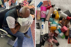 Person sleeping at an airport with a pillow on a suitcase; various personal care items and accessories are laid out on a table