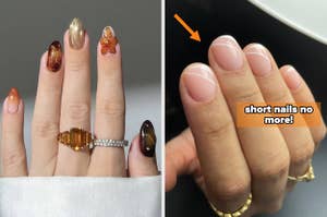 Two images of manicured nails: one hand with long, multicolored designs and rings; another with short, nude nails featuring fine white lines