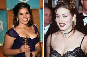 America Ferrera holding a Golden Globe award in an elegant gown. Drew Barrymore in a glamorous black lace dress with a choker necklace at a formal event