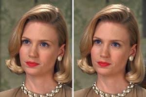 Two side-by-side pictures of January Jones wearing elegant pearl earrings and a statement necklace. She is looking slightly to the right in both images