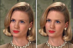 Two side-by-side pictures of January Jones wearing elegant pearl earrings and a statement necklace. She is looking slightly to the right in both images