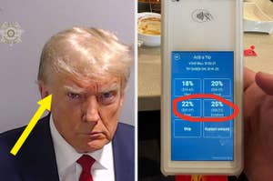 Donald Trump mugshot on the left; on the right, a device screen shows tip choices for a $192.21 bill, highlighting a 25% tip