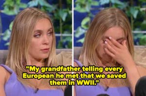 A woman with shoulder-length hair reacts emotionally on a talk show. Text reads: "My grandfather telling every European he met that we saved them in WWII."