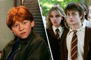 Rupert Grint, Emma Watson, and Daniel Radcliffe in Hogwarts uniforms, with Rupert looking concerned on the left and Emma and Daniel looking serious on the right