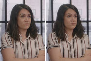 Abbi Abrams, played by Abbi Jacobson, is seen in two similar poses, arms crossed, while wearing a striped button-down shirt