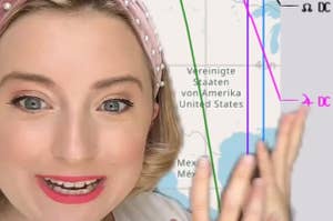 Woman gestures at a map showing various lines connecting locations in North America. Text overlay says, "you can read it for free."