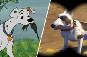 Pongo from "101 Dalmatians" and Bolt from "Bolt" are shown in a split image; Pongo is holding a leaf, while Bolt is peering through binoculars