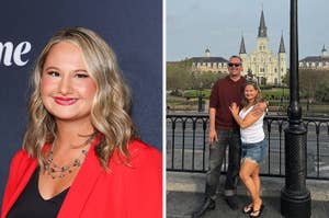 On the left, Whitney Way Thore smiles in a red blazer. On the right, Whitney Way Thore and a tall man stand in front of a cathedral