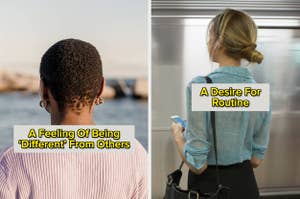 Left image: Person with short hair and earrings facing the ocean. Overlay text: "A Feeling Of Being 'Different' From Others."

Right image: Person with blonde hair in a bun at a subway station, holding a phone. Overlay text: "A Desire For Routine."