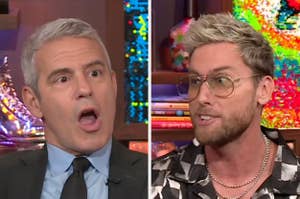 Andy Cohen, in a suit and tie, appears surprised next to Lance Bass, in glasses and a patterned shirt, during an interview