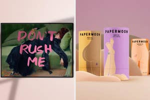 Left: Painting of a woman lying exhausted on a couch with "DON'T RUSH ME" written in pink text. Right: Three cylindrical skincare product packages labeled "PAPERMNOON."