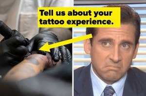 A tattoo artist's gloved hands are tattooing a person's forearm. Text overlay reads, "What was your tattoo experience like?"