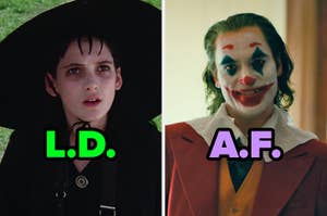 On the left, Winona Ryder as Lydia in Beetlejuice labeled LD, and on the right, Joaquin Phoenix as the Joker labeled AF