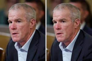 Two side-by-side images of Brett Favre wearing a suit, seated, and looking pensive