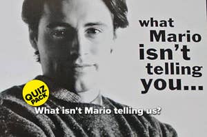 A man looks at the camera with text surrounding him that reads, "what Mario isn't telling you... What isn't Mario telling us?"