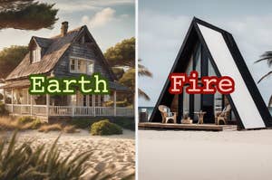 On the left, a rustic house with a porch labeled "Earth." On the right, a modern A-frame house labeled "Fire." Both houses are set in sandy landscapes with trees