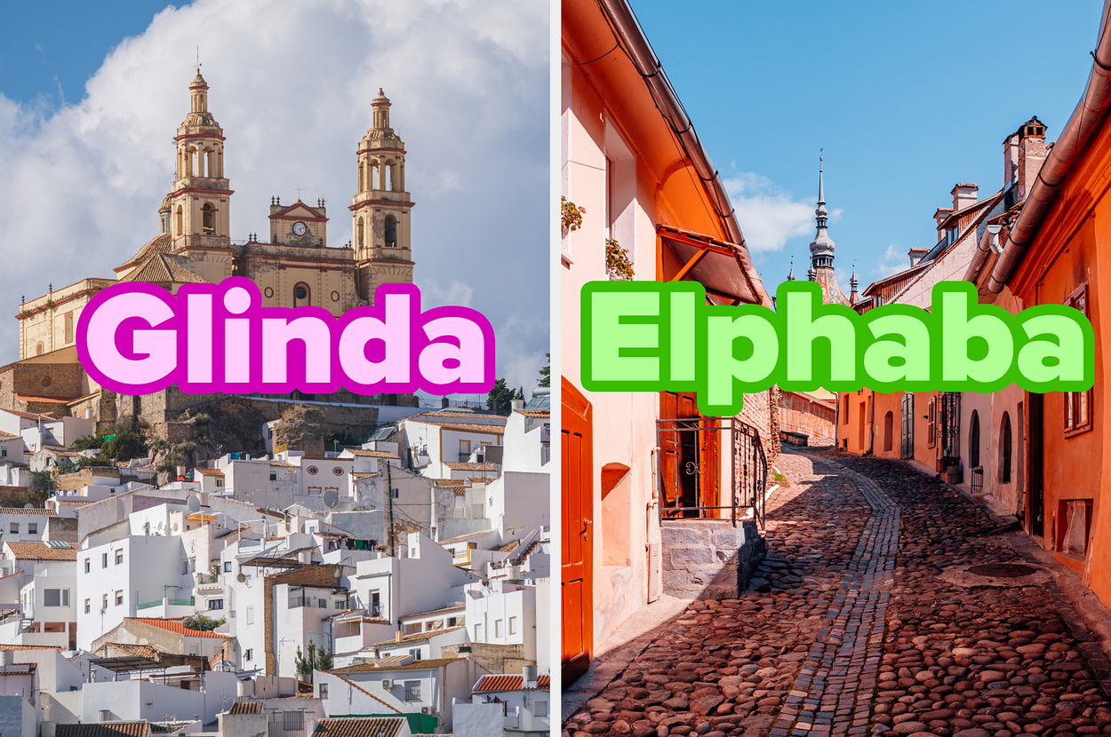 Image split: left side shows a church on a hill with white buildings labeled "Glinda"; right side shows a cobblestone street labeled "Elphaba."