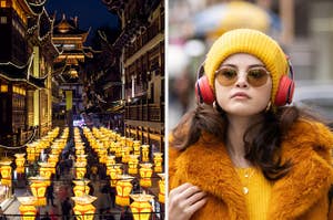 Historic lantern-lit street at night; Mabel in yellow hat and coat wearing headphones outdoors