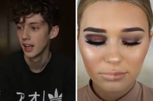 Troye Sivan and Michelle Phan are seen in split-screen images. Both are wearing casual dark shirts, with Michelle Phan's shirt featuring text "LIVE BY THE CREED."