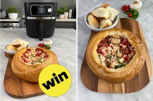 Air fryer on kitchen counter and a bread bowl with dip on a wooden board, sticker with text 'win'