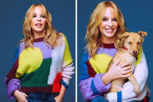 Two images of a person with wavy hair wearing a colorful sweater. In the second image, they are holding a small dog