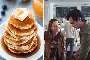 On the left, a stack of pancakes topped with butter and syrup, and on the right, Love and You from You standing in a coffee shop