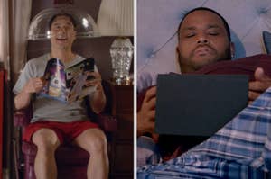 Man on left under hair dryer reads magazine; man on right lies in bed with tablet