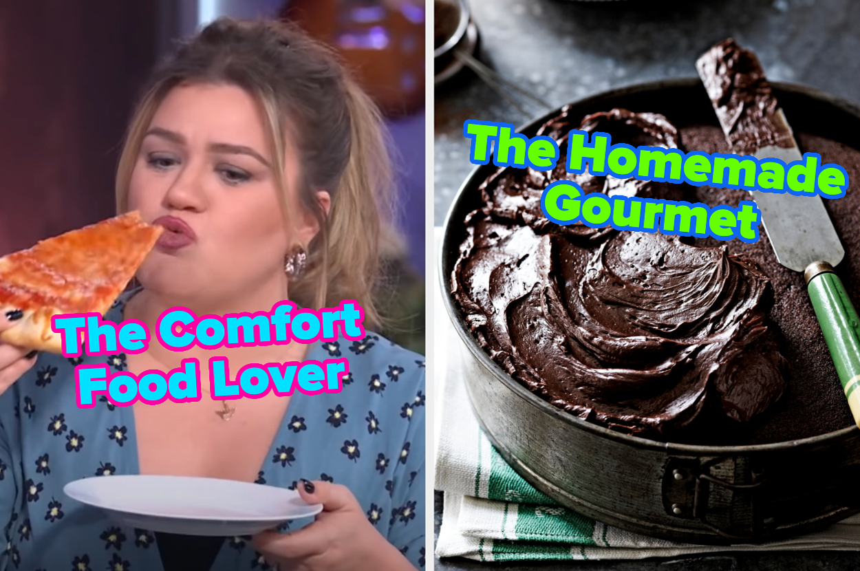 On the left, Kelly Clarkson eating a piece of cheese pizza labeled the Comfort Food Lover, and on the right, someone frosting a chocolate cake labeled the Homemade Gourmet