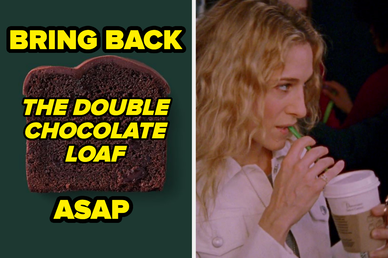 A chocolate loaf with text: "Bring Back the Double Chocolate Loaf ASAP" next to an image of a person sipping a drink