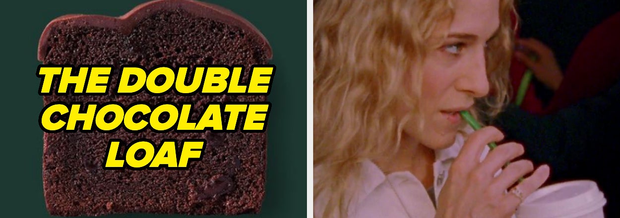 A chocolate loaf with text: "Bring Back the Double Chocolate Loaf ASAP" next to an image of a person sipping a drink