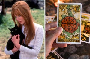 On the left, Gillian from Practical Magic holding a cat, and on the right, someone holding a tarot card