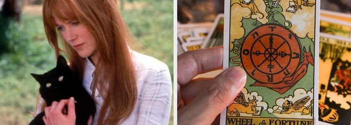 On the left, Gillian from Practical Magic holding a cat, and on the right, someone holding a tarot card