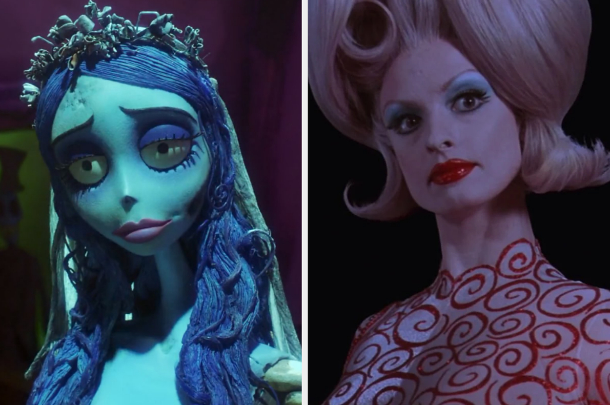 Two animated characters: Emily from "Corpse Bride" with a floral headpiece, and Martian Girl from "Mars Attacks!" in a swirly patterned outfit