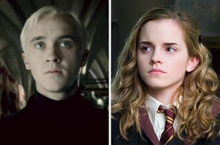 On the left, Draco Malfoy, and on the right, Hermione Granger