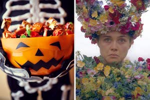 On the left, someone in a skeleton costume holding a jack-o'-lantern bowl filled with candy, and on the right, Florence Pugh frowning while wearing a floral ensemble as Dan in Midsommar